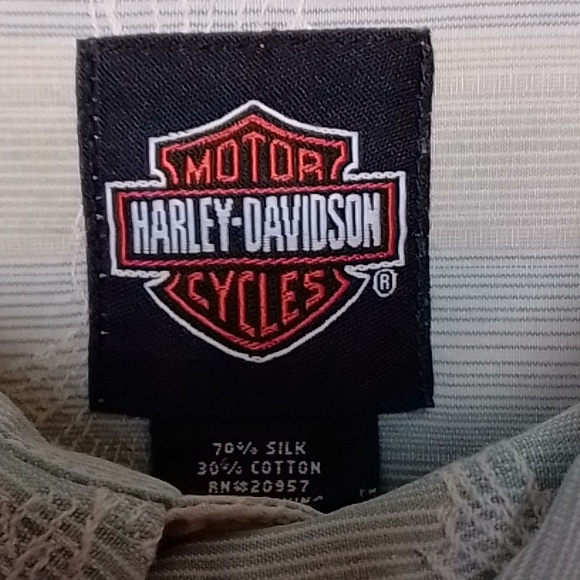 Harley-Davidson silk and cotton button down long sleeve shirt L light blue & grn - Picture 7 of 9